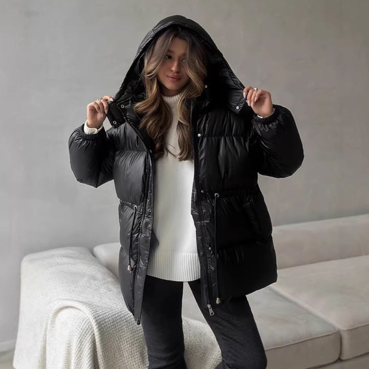 Damen Steppdaunenjacke mit tailliertem Kordelzug und Kapuze Drune