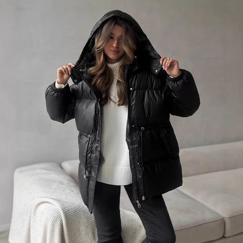Damen Steppdaunenjacke mit tailliertem Kordelzug und Kapuze Drune