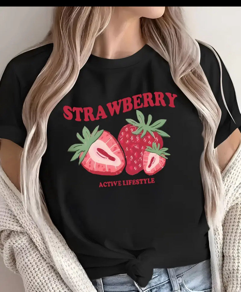 Damen T-Shirt mit fröhlichem Erdbeer-Motiv und lockerer Passform Drune