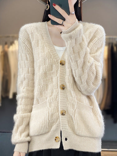 Damen Weicher Angora‑Look Zopfmuster-Cardigan mit V‑Ausschnitt und aufgesetzten Taschen Drune