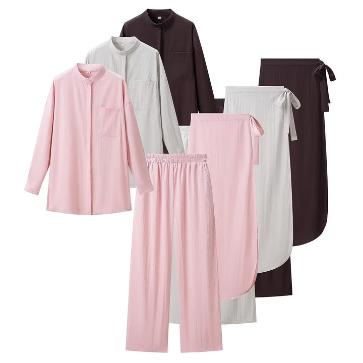 Damen nan luxuriöses Lounge-Dreiteiler-Set mit Oversize-Hemd, Elastikbund-Hose und Wickelrock Drune