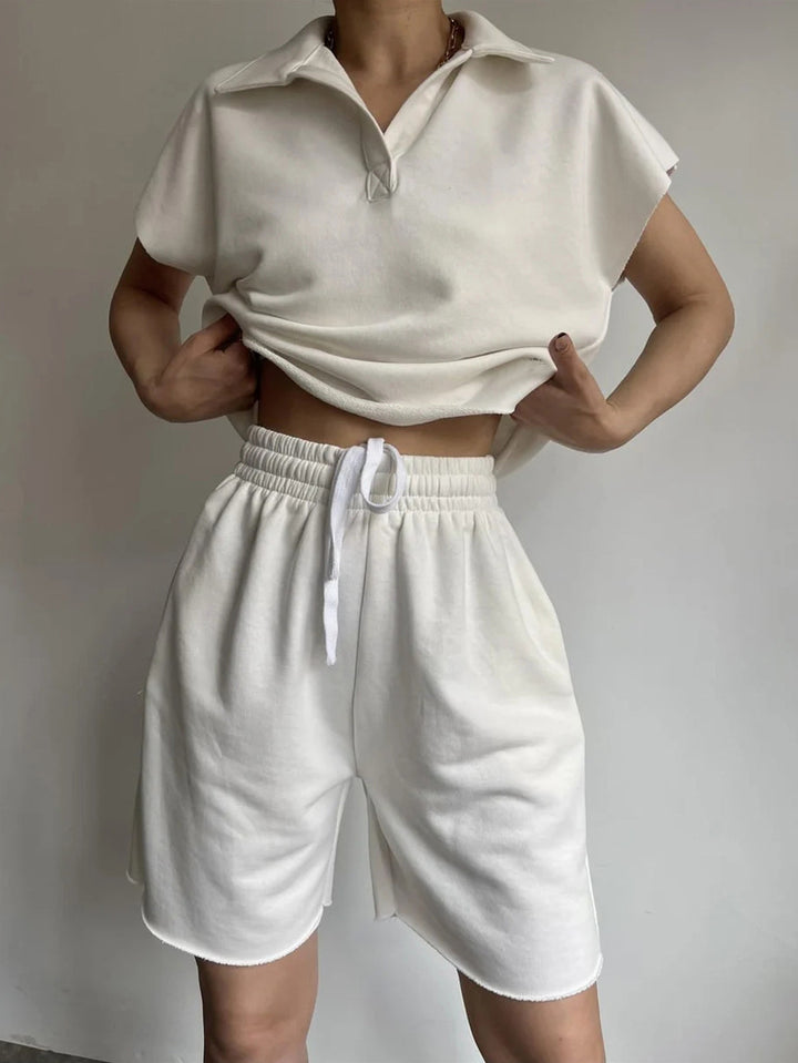 Damen lässiges Poloshirt und kurze Sweatshorts Set Drune