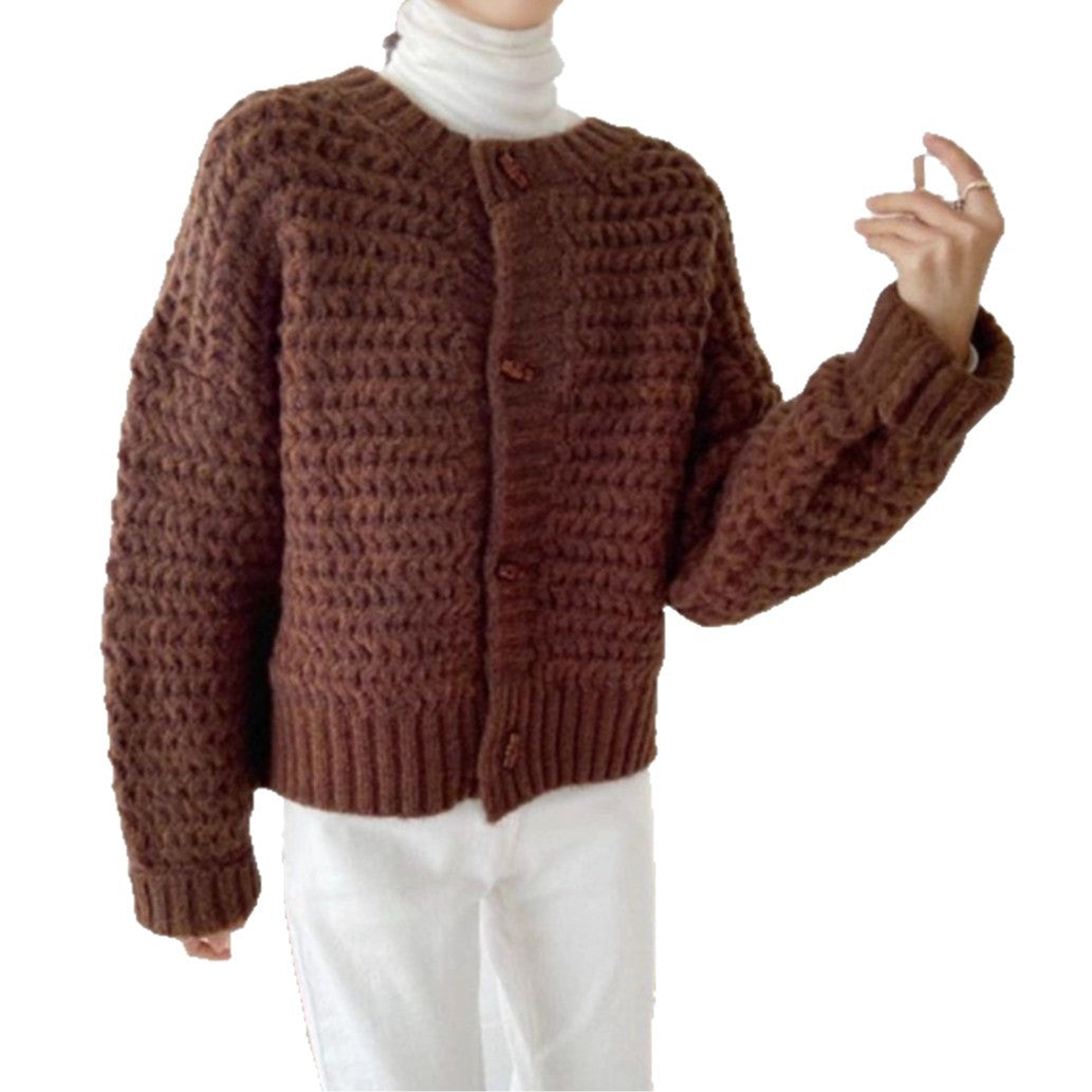 Damen Grobstrickpullover mit dekorativer Knopfleiste und wabenförmigem Muster Drune