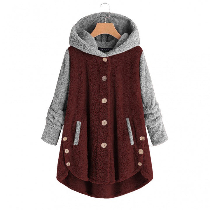 Damen Oversized Teddy-Mantel mit Kapuze, asymmetrischem Zipfelsaum und Holzknopf-Leiste Drune