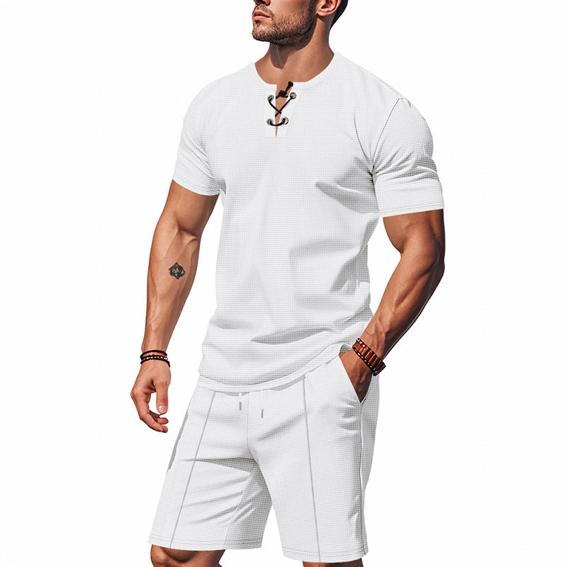 Herren nan kurzärmeliges Schnürkragen-Shirt im Waffeljersey mit Bundfalten-Bermuda Drune