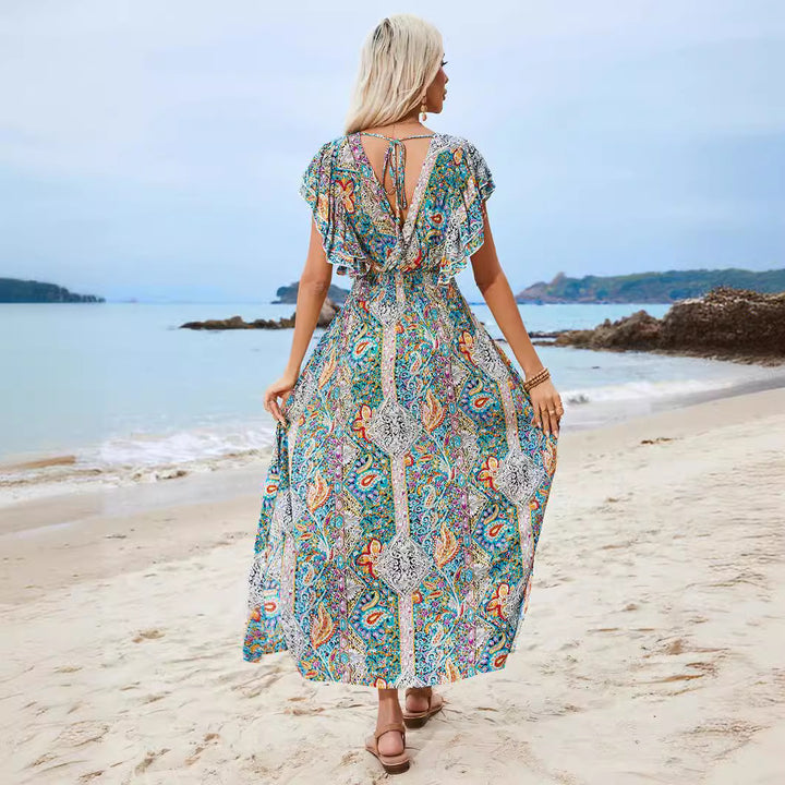 Damen Maxikleid mit verspieltem Mustermix und Rüschendetails Drune