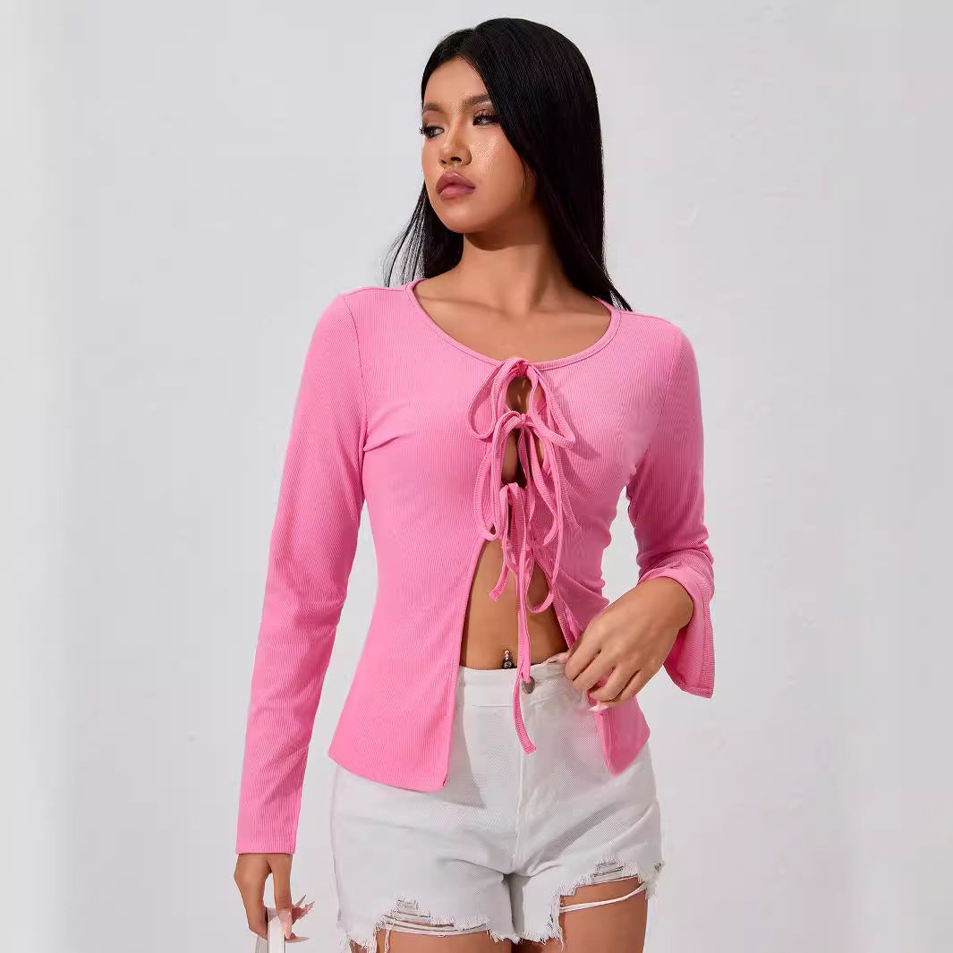 Damen geripptes Longsleeve-Top mit mehrfachem Front-Schnürdetail, Cut-Outs und taillierter Passform Drune