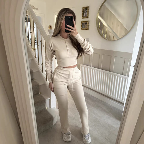 Damen lässiges Freizeit-Set mit cropped Sweatshirt und bequemen Jogginghose Drune