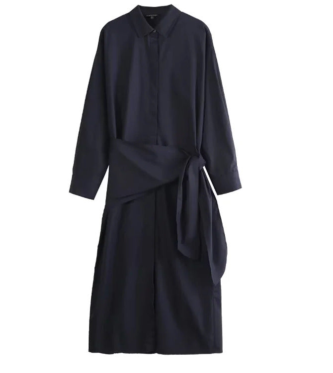 Damen Oversize-Hemdblusenkleid mit seitlichem Knotengürtel und Midilänge Drune