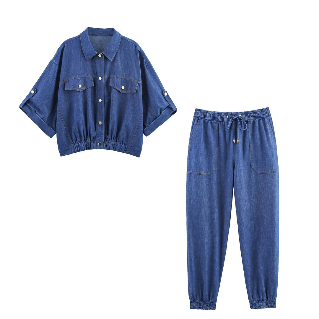 Damen lässiges Denim-Set mit Crop-Bluse und elastischen Hosen Drune