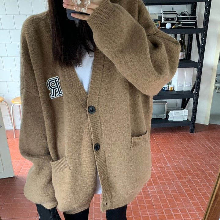 Damen lässige Strickjacke mit aufgesetzten Taschen und Knopfverschluss Drune