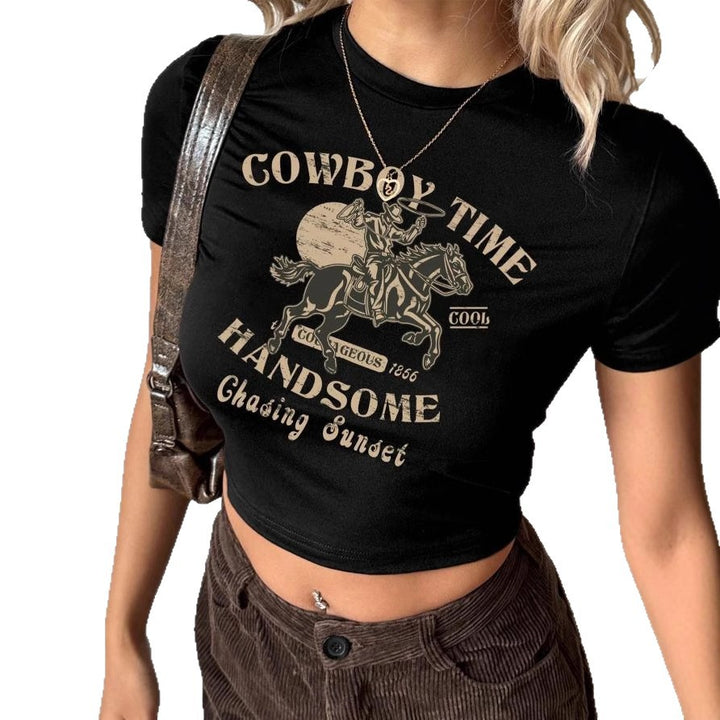 Damen Crop-Shirt mit auffälligem Cowboy-Motiv und stilvollem Schnitt Drune