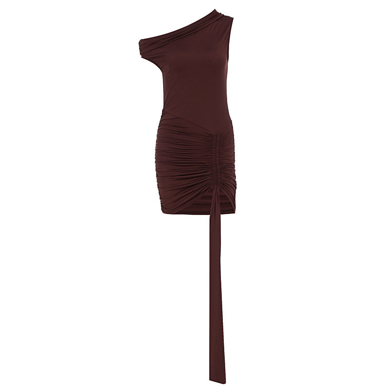 Damen Einseitig Schulterfreies Minikleid mit Drapierung und Raffung Drune