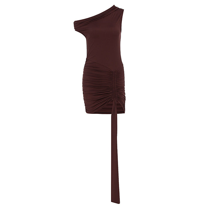 Damen Einseitig Schulterfreies Minikleid mit Drapierung und Raffung Drune