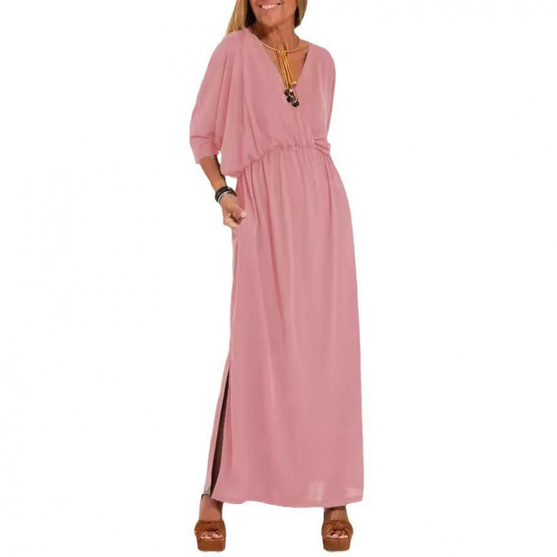 Damen lässiges Maxikleid mit V-Ausschnitt und seitlichen Schlitzen Drune