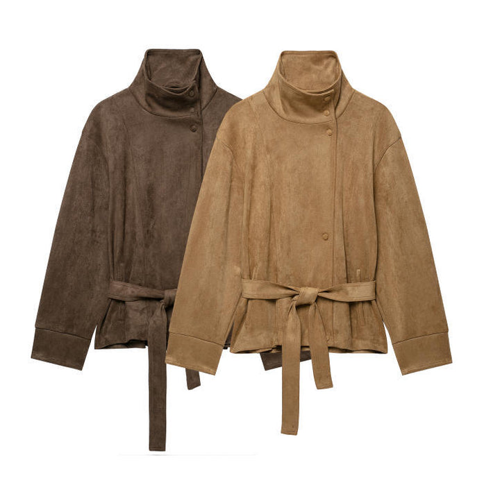 Damen Kurze Veloursleder-Utilityjacke mit hohem Stehkragen und Bindegürtel Drune