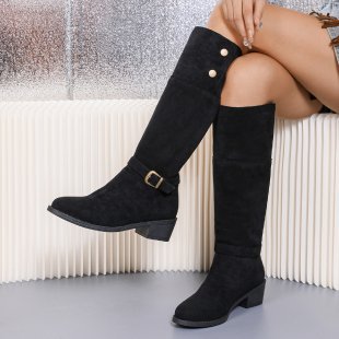 Damen kniehohe Velourslederstiefel mit niedrigem Blockabsatz und Zierriemen Drune