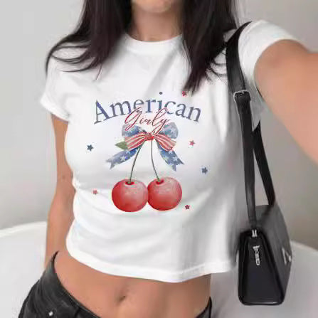 Damen figurbetontes Kurzarm-T-Shirt mit verspieltem Aufdruck Drune