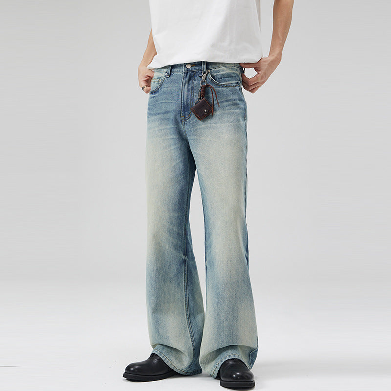 Herren Tiefsitzende Fließende Denim‑Schlaghose mit verlängertem Saum und Used‑Finish Drune