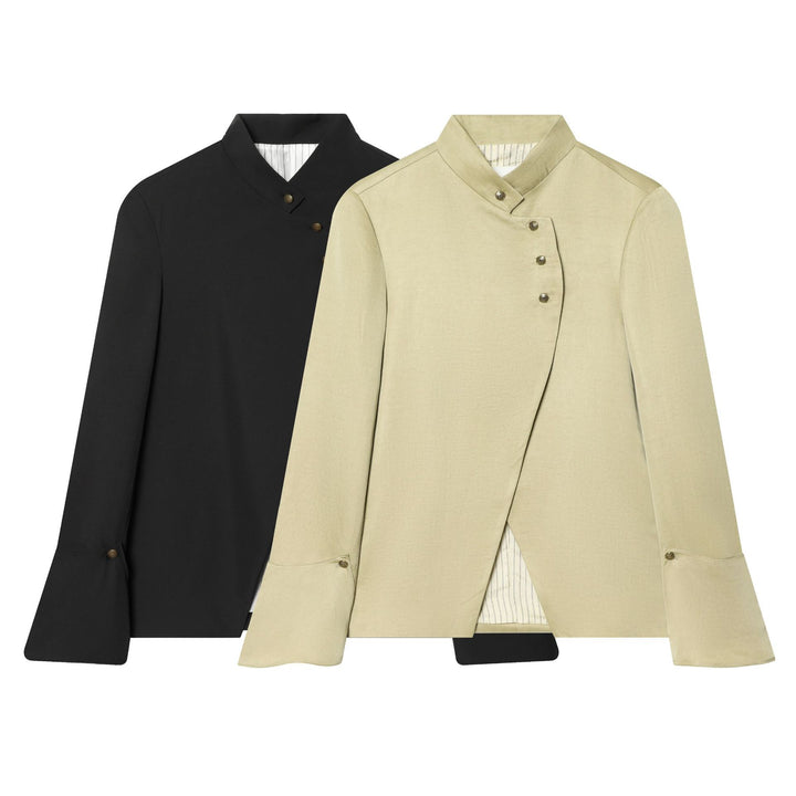 Damen nan asymmetrische Stehkragenjacke mit überlappender Knopfleiste und feinen Zierknöpfen Drune