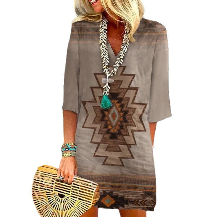 Damen Boho Tunika Kleid mit V-Ausschnitt, 3/4 Ärmeln und geometrischem ethnischem Druck Drune
