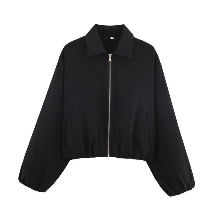 Damen Gepunktete Cropped-Bomberjacke im Retro-Look mit Hemdkragen und elastischem Saum Drune