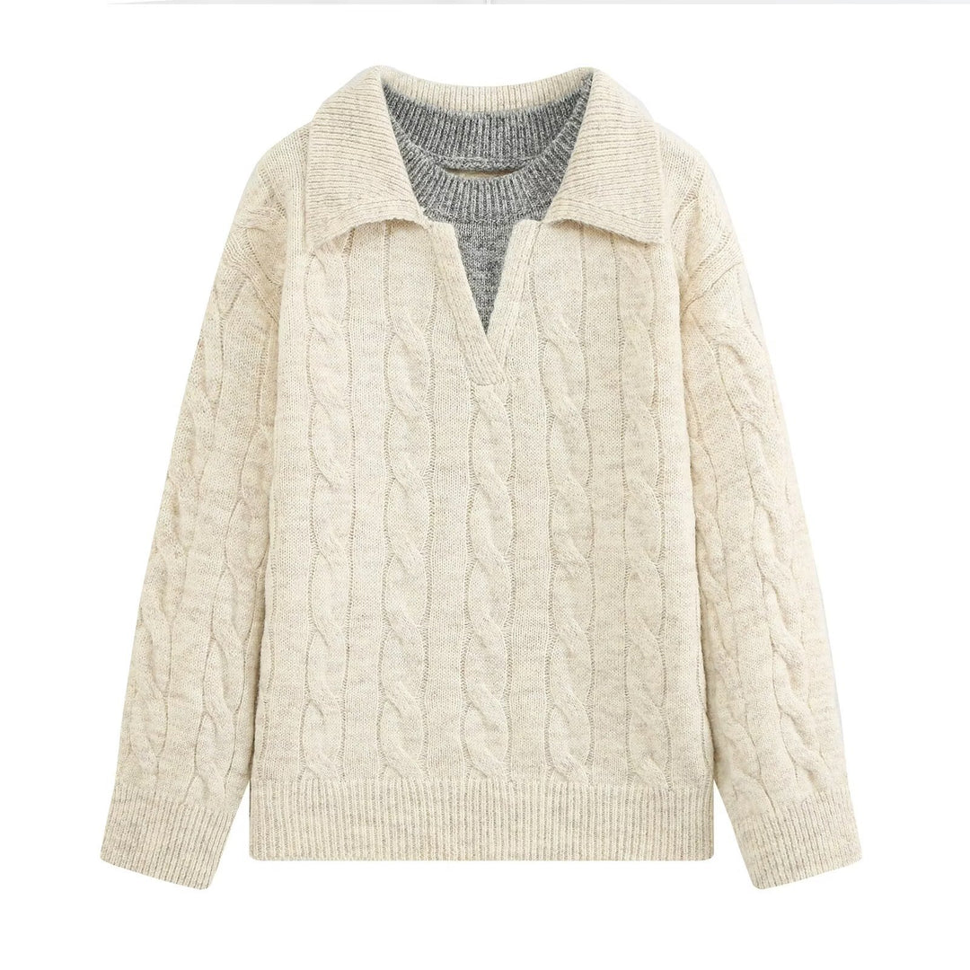 Damen Grobgestrickter Oversize-Pullover mit Polokragen und Zopfmuster Drune