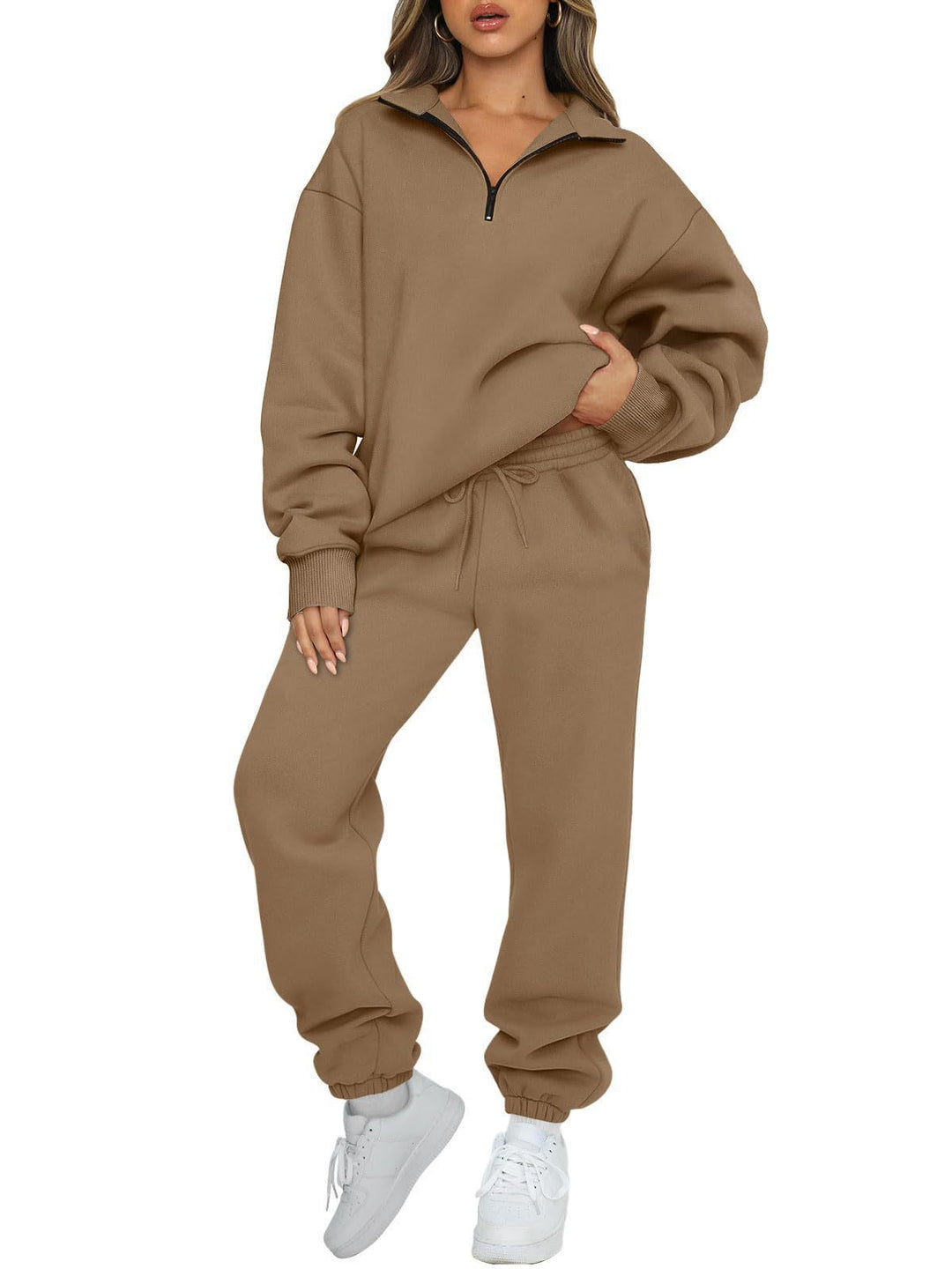 Damen nan lässiges Halbzip-Lounge-Set mit oversized Sweatshirt und taillenhoher Jogginghose Drune
