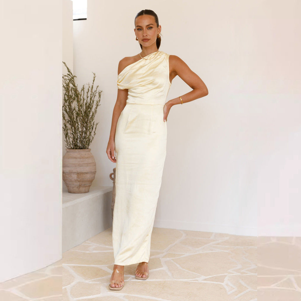 Damen Schickes Maxikleid mit einseitigem Ausschnitt und Raffung Drune