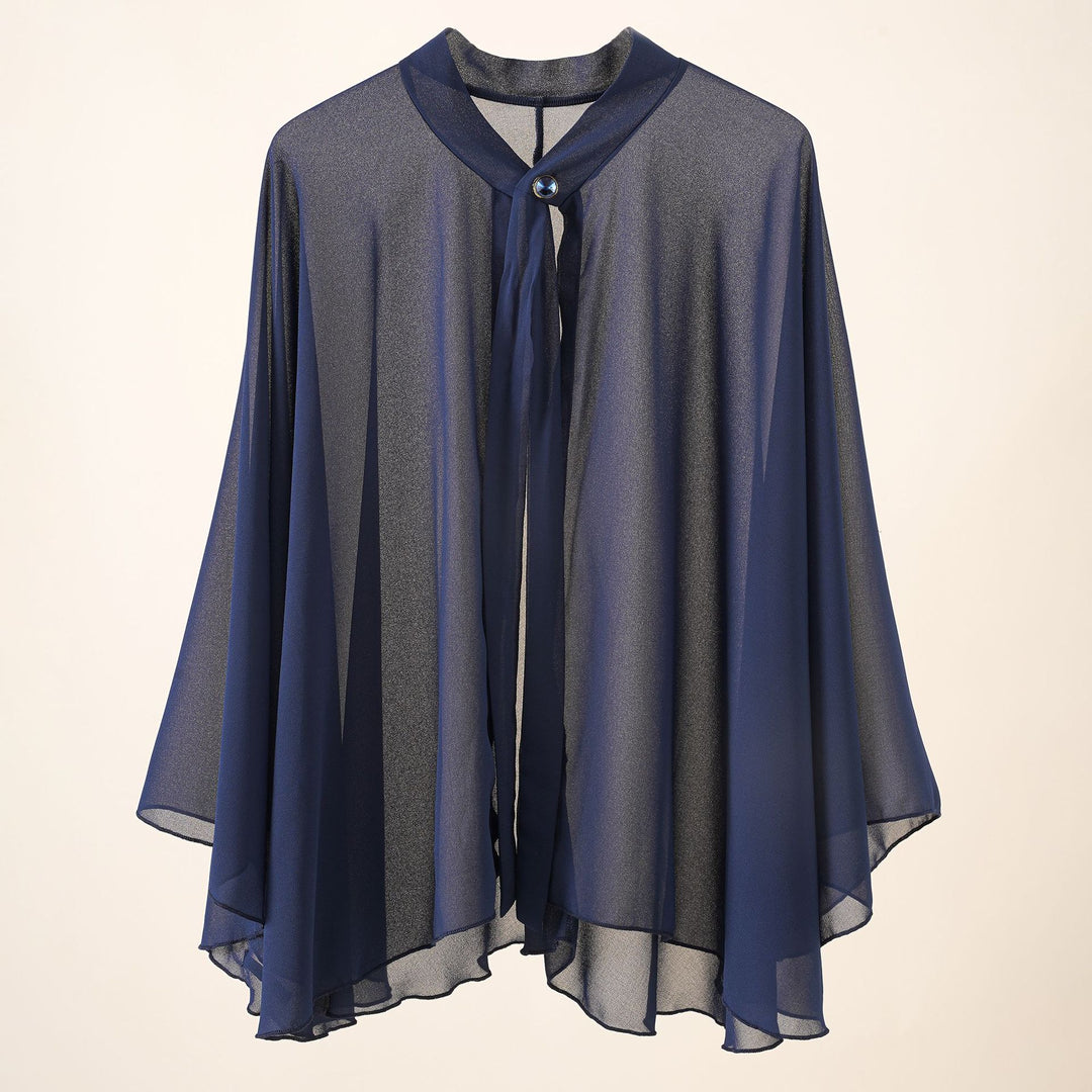 Damen Chiffon-Cape mit Schleifenkragen und Zierknopf Drune