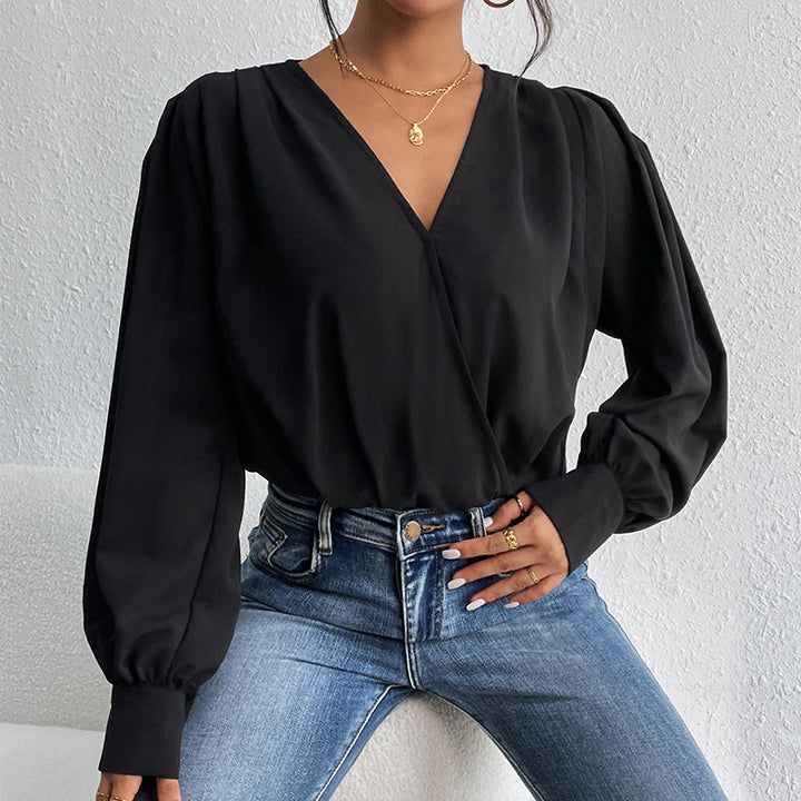 Damen Leichte Wickelbluse mit V-Ausschnitt, gerafften Schultern & Ballonärmeln Drune