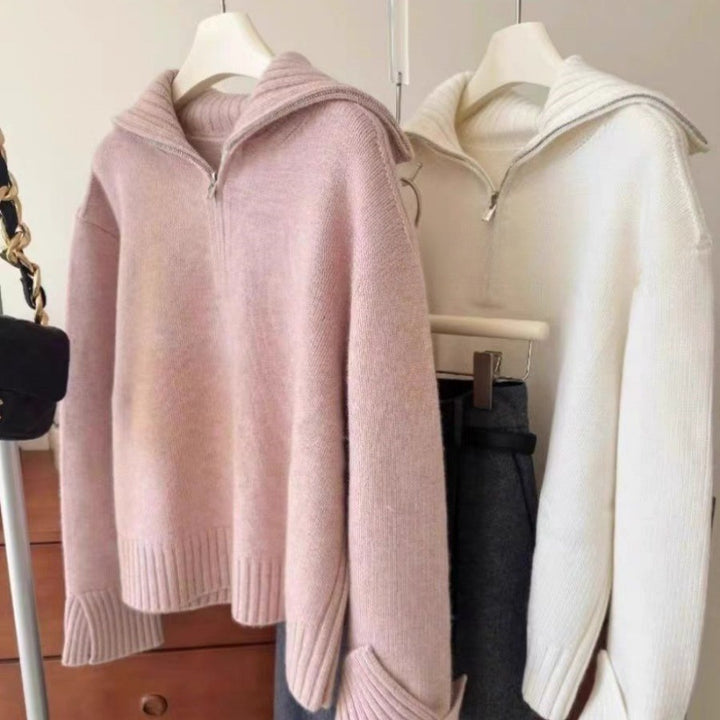 Damen Oversize Feinstrickpullover mit halbem Reißverschluss und weitem Rollkragen Drune