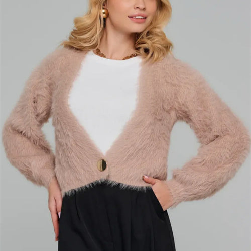 Damen Kurze flauschige Kunstfell-Cardigan mit offenem Schnitt und Raglanärmeln Drune