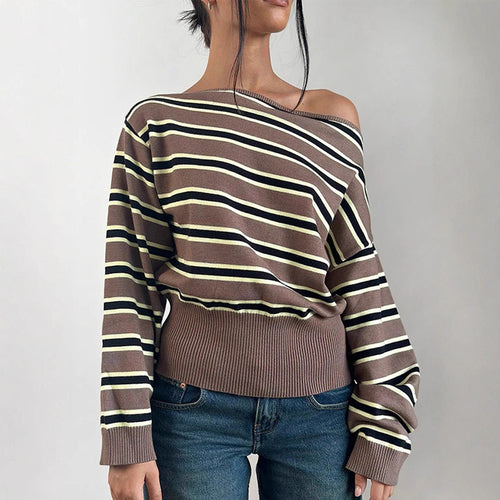 Damen Feinstrick-Boatneck-Pullover mit asymmetrischem Schulterfall, breitem Rippbund und lässigen Ballonärmeln Drune