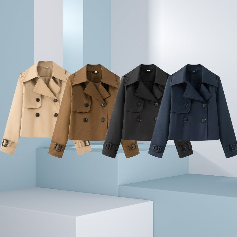 Damen Cropped-Doppeltreiher Trenchcoat mit breitem Revers und verstellbaren Manschetten Drune