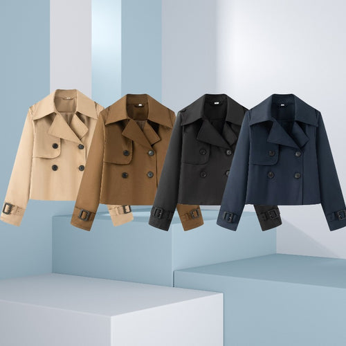 Damen Cropped-Doppeltreiher Trenchcoat mit breitem Revers und verstellbaren Manschetten Drune