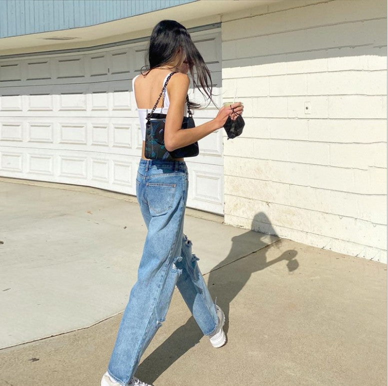Damen nan hochgeschnittene weite Jeanshose im Baggy-Stil mit Knieausfransungen und elastischem Saum Drune