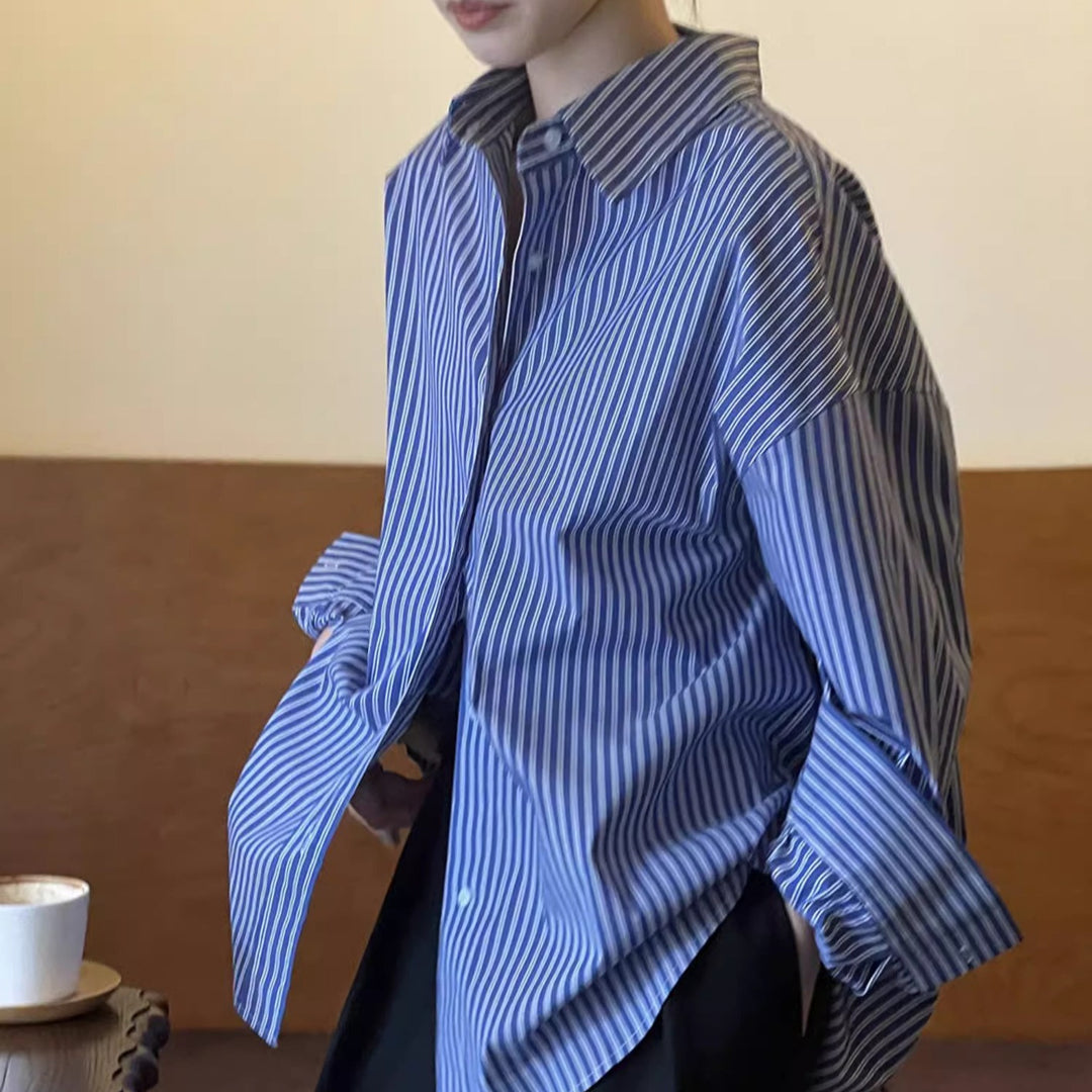 Damen Oversized Langarm Hemdbluse mit vertikalen Streifen und weiter Passform Drune