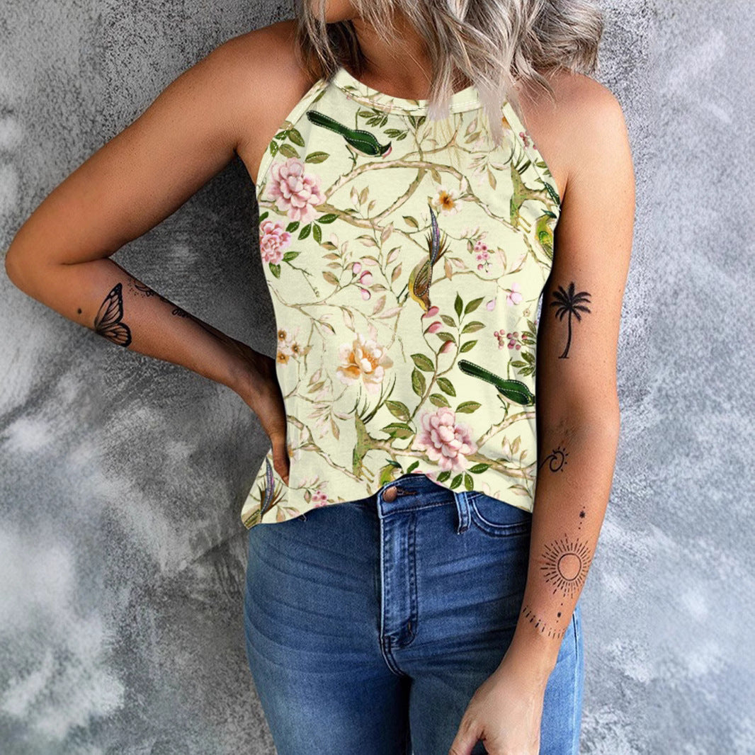 Damen ärmelloses Blumenshirt mit hohem Kragen Drune