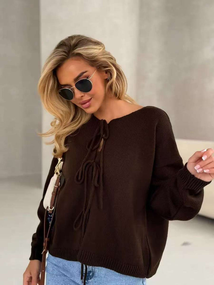 Damen lässiger Strickpullover mit dekorativer Schnürung und weitem Schnitt Drune