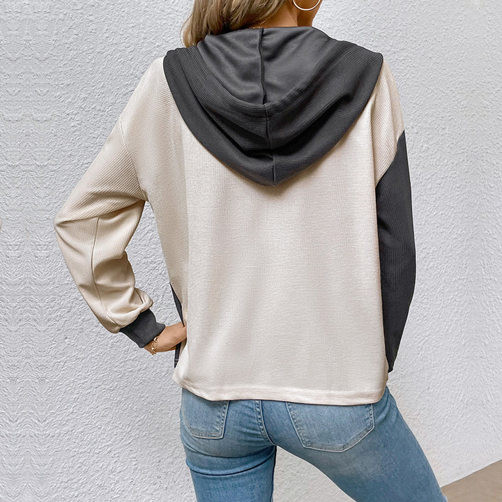 Damen Lässiges Colorblock-Hoodie-Henley mit Waffelstruktur und Brusttasche Drune