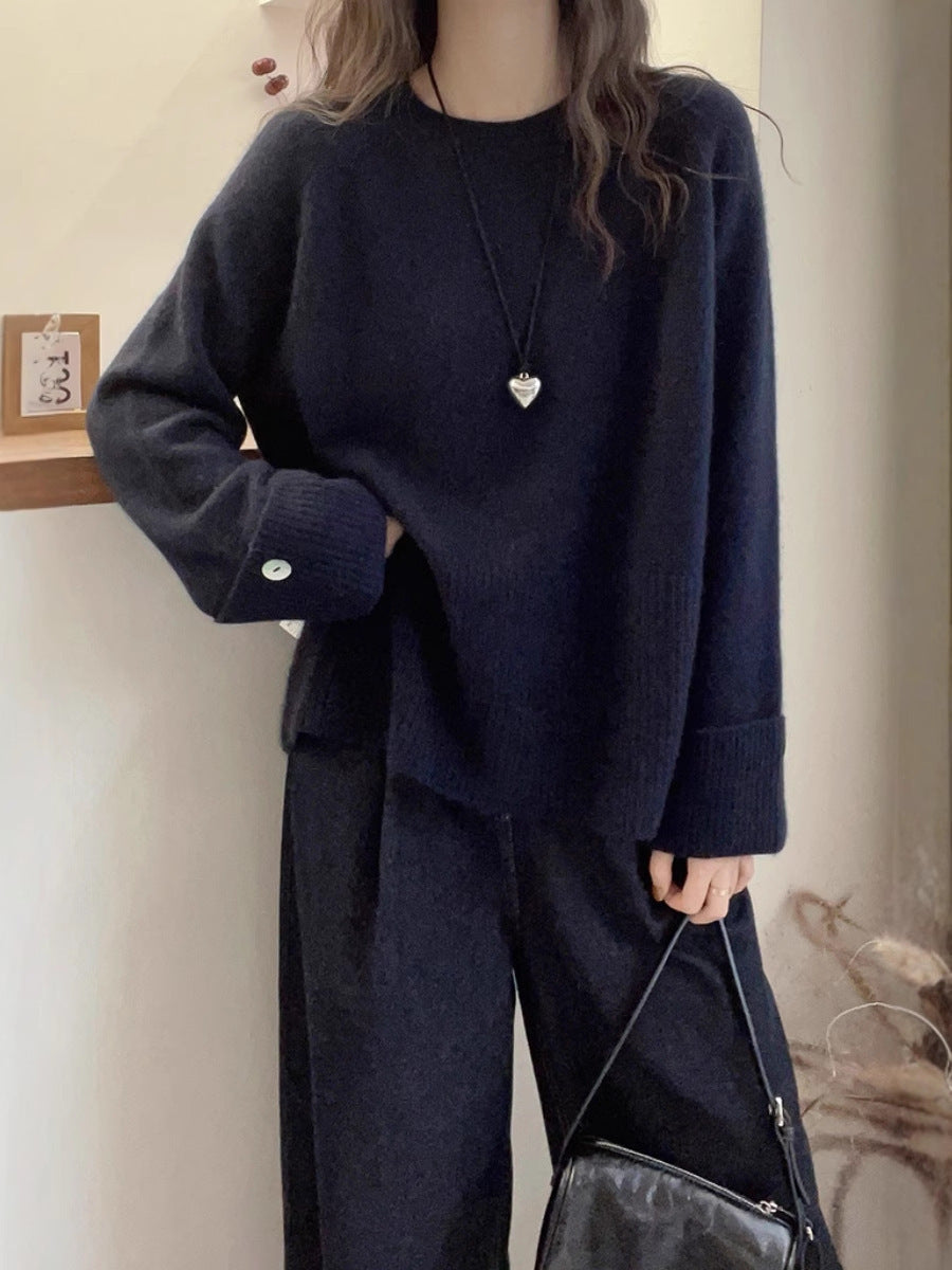 Damen Oversize‑Feinstrickpullover mit breitem Rippbund, extraweiten Ärmelabschlüssen und Zierknopf Drune
