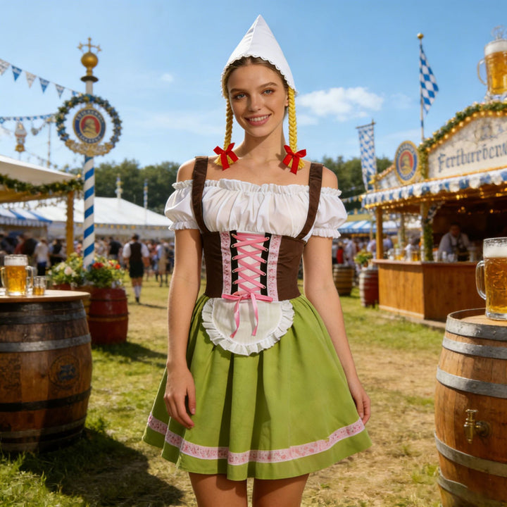 Damen nan bayerisches Oktoberfest-Biermädchen-Kostüm mit geschnürtem Mieder Puffärmeln und mehrlagigem Rock Drune