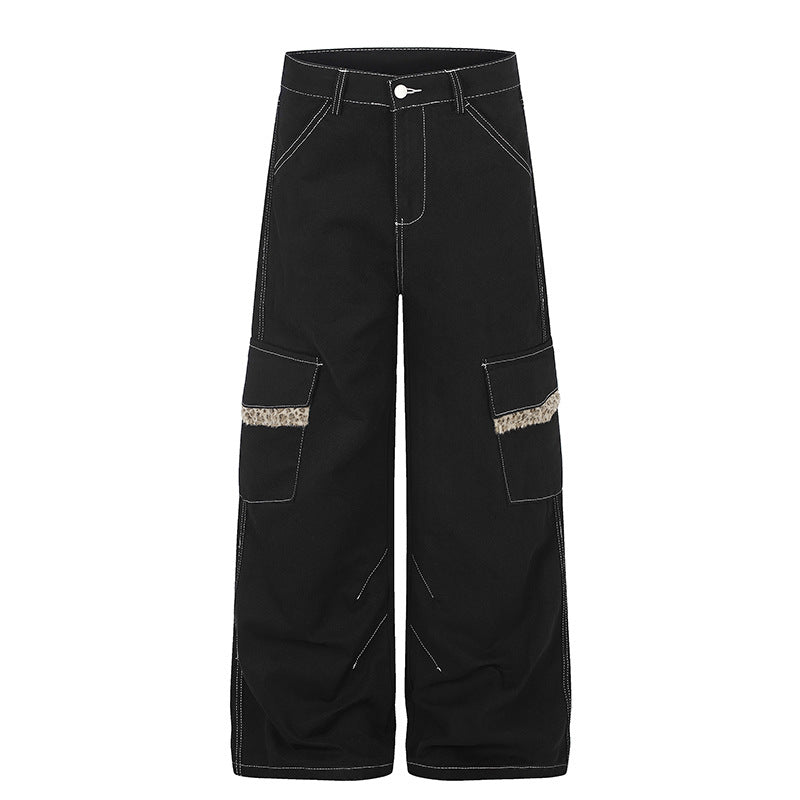 Damen Weite Cargo-Hose mit hoher Taille, großen Klappentaschen und Fellbesatz Drune
