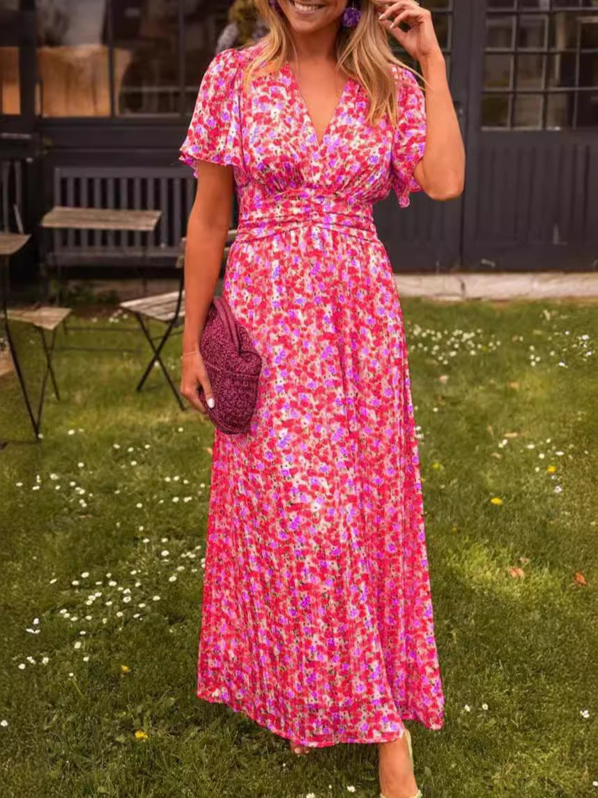 Damen Maxikleid mit floralem Muster und raffinierten Ärmeln Drune