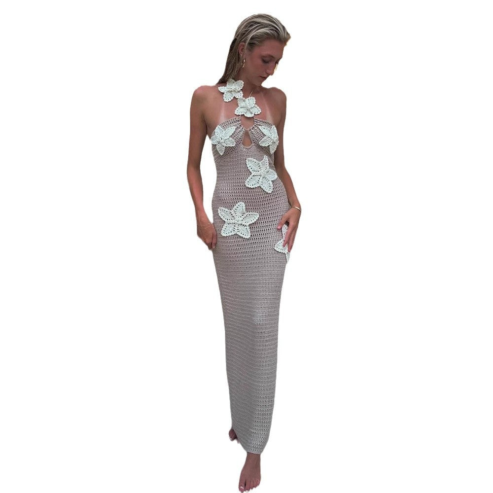 Damen Strickmaxikleid mit floralem Einsatz und schulterfreiem Design Drune