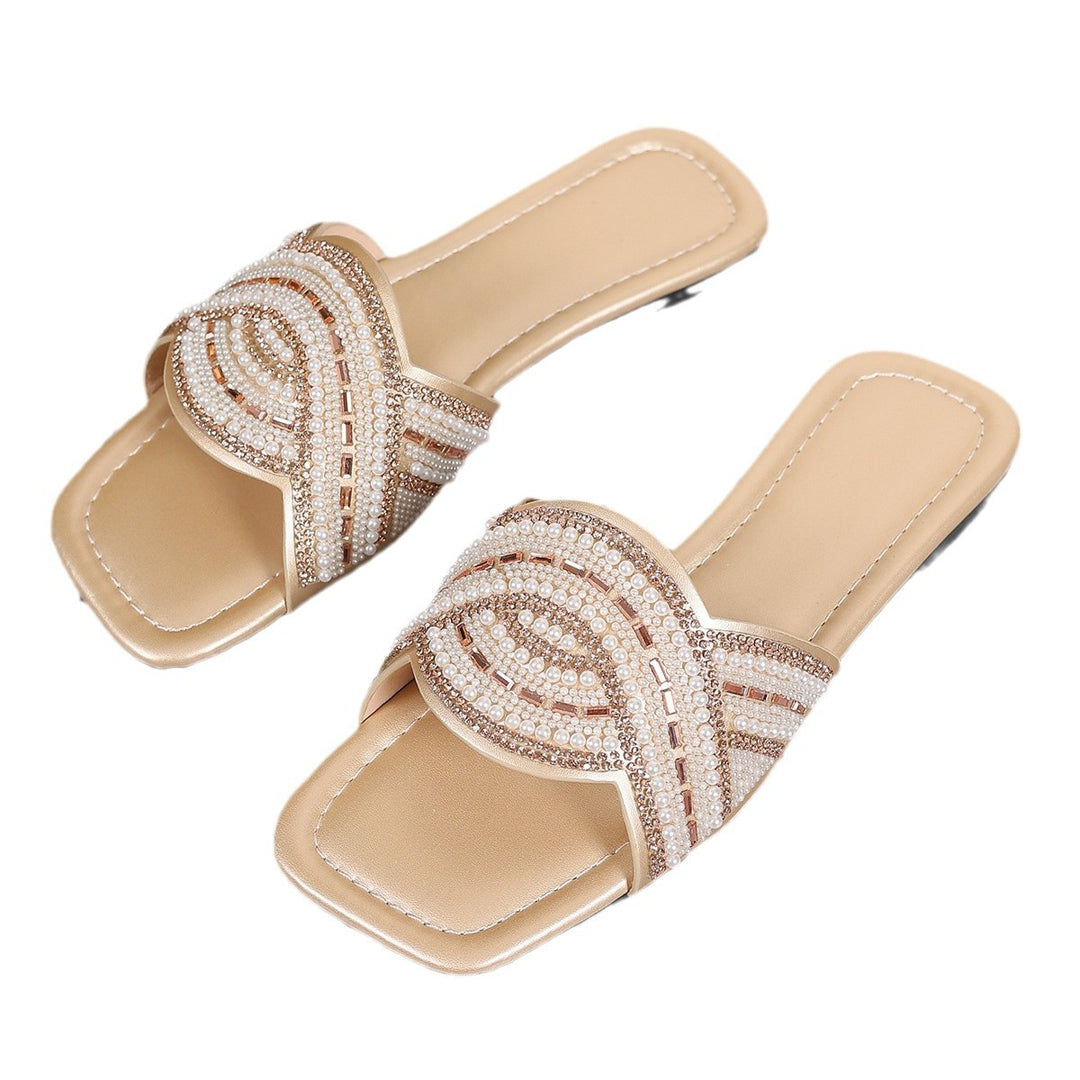Damen Verzierte Perlen- und Strass-Slides mit quadratischer Zehenbox und flacher Sohle Drune