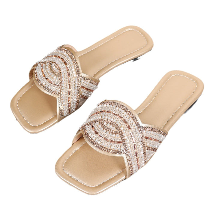 Damen Verzierte Perlen- und Strass-Slides mit quadratischer Zehenbox und flacher Sohle Drune