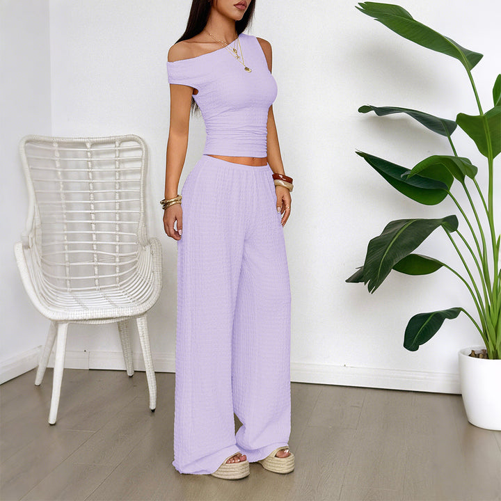 Damen Zweiteiliges Set aus elastischem Rippstoff mit asymmetrischem Top und weitem Hosen Drune