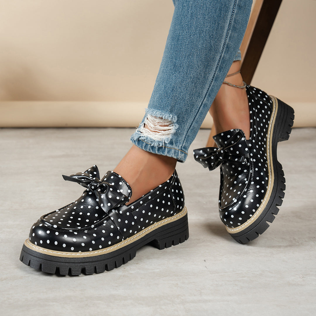 Damen nan lässige Loafer mit Pünktchenmuster und Zierschleife auf profilierter Plateau-Sohle Drune